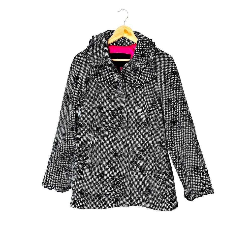 Betsey Johnson Women Size 10 Black White Floral Ruffle Collar Button Coat